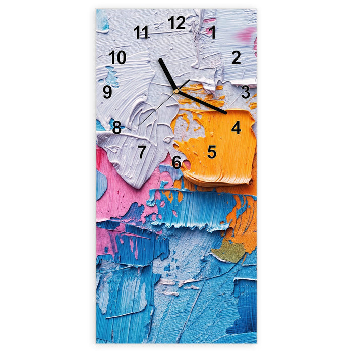 Wanduhr Farbstruktur Artwork aus Glas – Hochformat 30 × 60 cm mit Ziffernblatt Modern