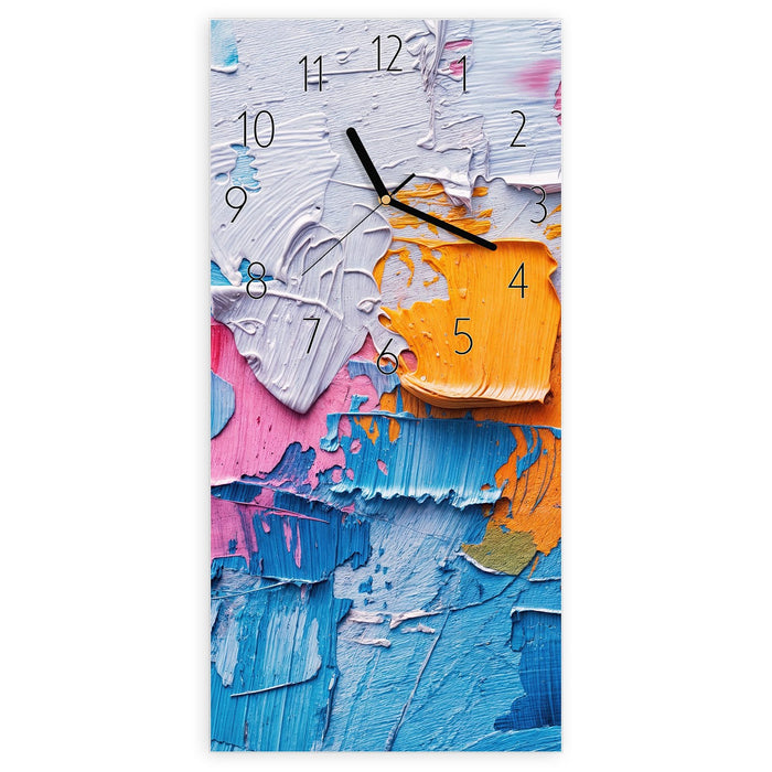 Wanduhr Farbstruktur Artwork aus Glas – Hochformat 30 × 60 cm mit Ziffernblatt Elegant