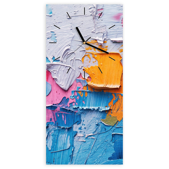 Wanduhr Farbstruktur Artwork aus Glas – Hochformat 30 × 60 cm mit Ziffernblatt Linie