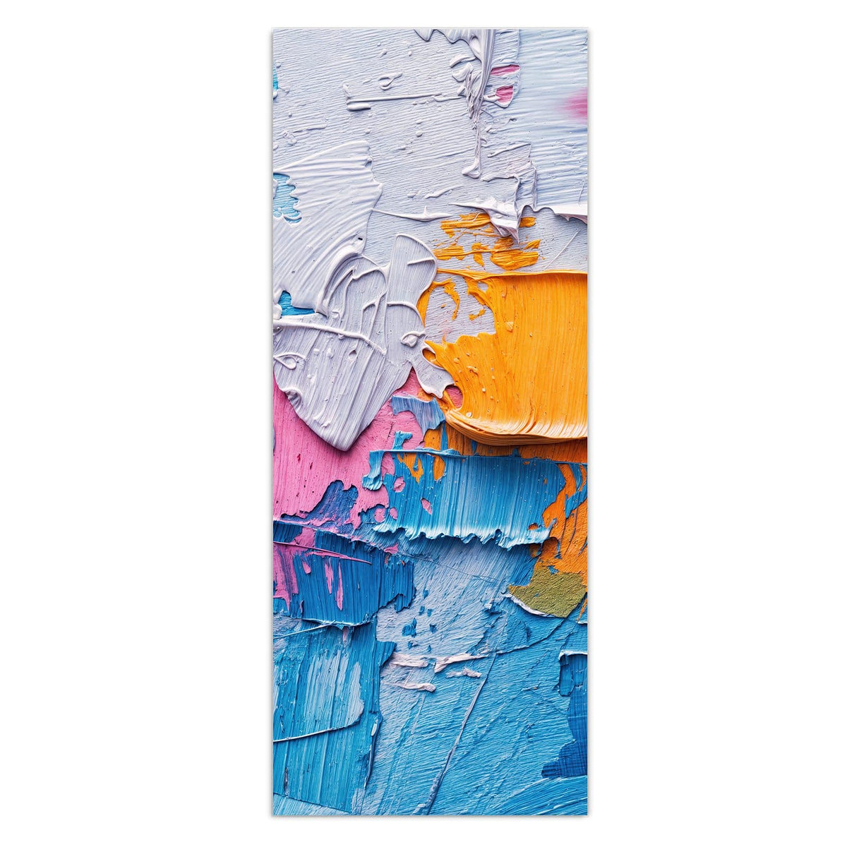 Dick mit dem Spachtel aufgetragene Farbe in Blau, Weiß, Orange und Pink.