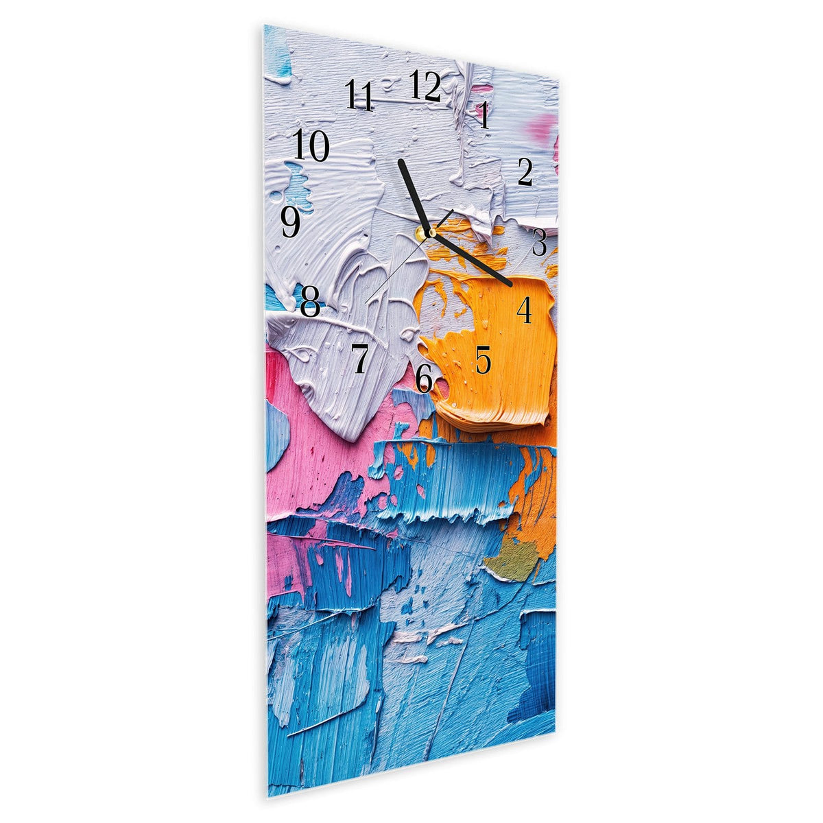 Vormontiert – mit Schwebeeffekt – Wanduhr Farbstruktur Artwork aus Glas – Hochformat 30 × 60 cm
