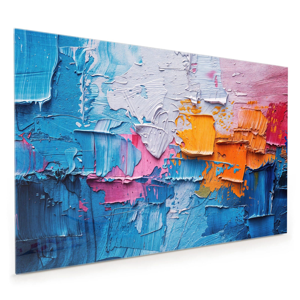 Küchenrückwand aus Glas im Hochformat mit Motiv Dicke Farbschichten: Dick mit dem Spachtel aufgetragene Farbe in Blau, Weiß, Orange und Pink.