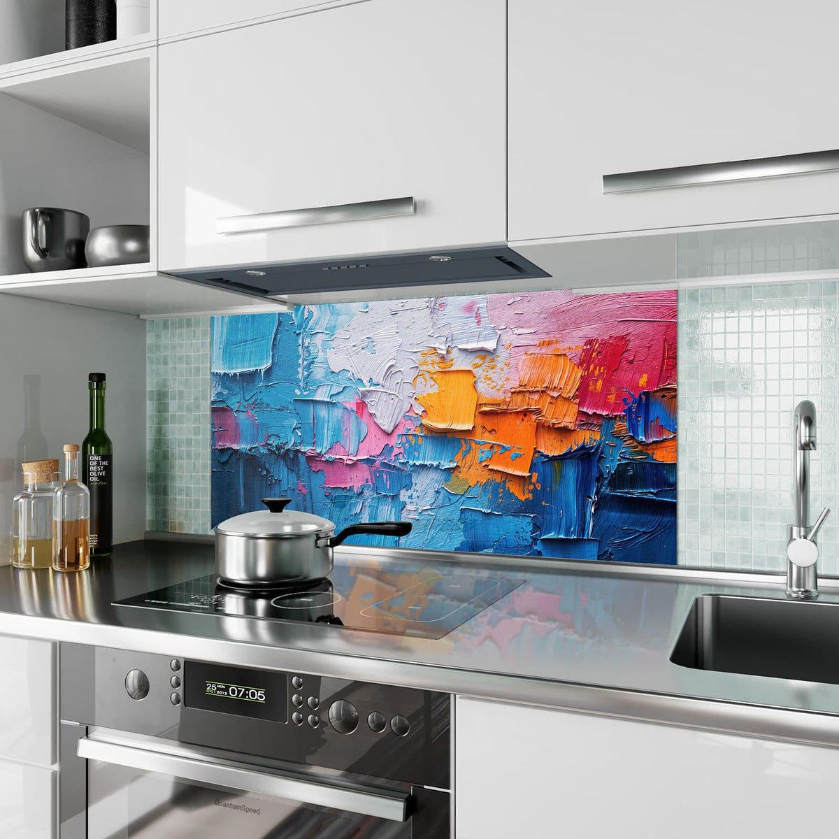 Küchenrückwand aus Glas Dicke Farbschichten im Hochformat als Spritzschutz hinter dem Kochfeld, über dem Fliesenspiegel montiert