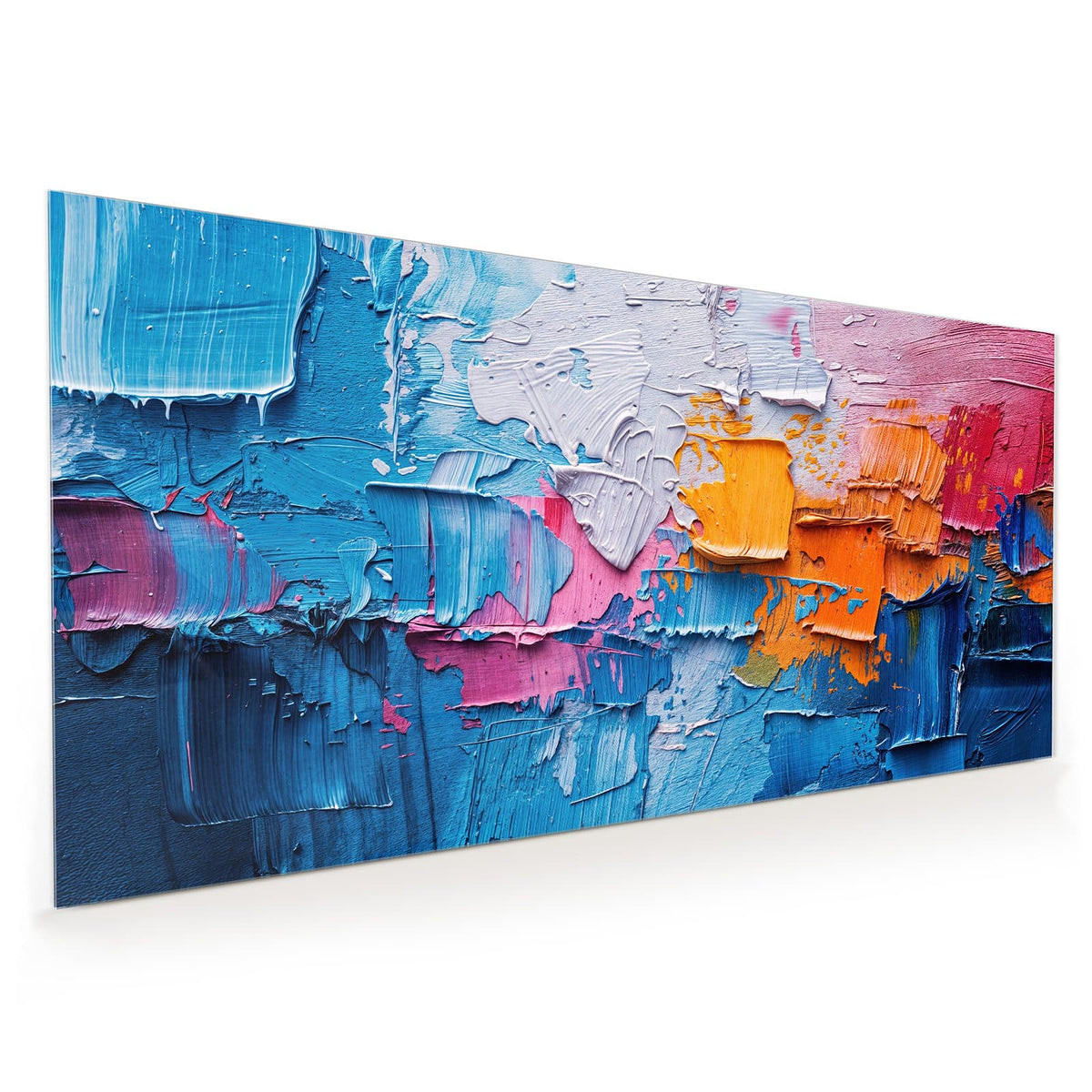Küchenrückwand aus Glas im Hochformat mit Motiv Dicke Farbschichten: Dick mit dem Spachtel aufgetragene Farbe in Blau, Weiß, Orange und Pink.