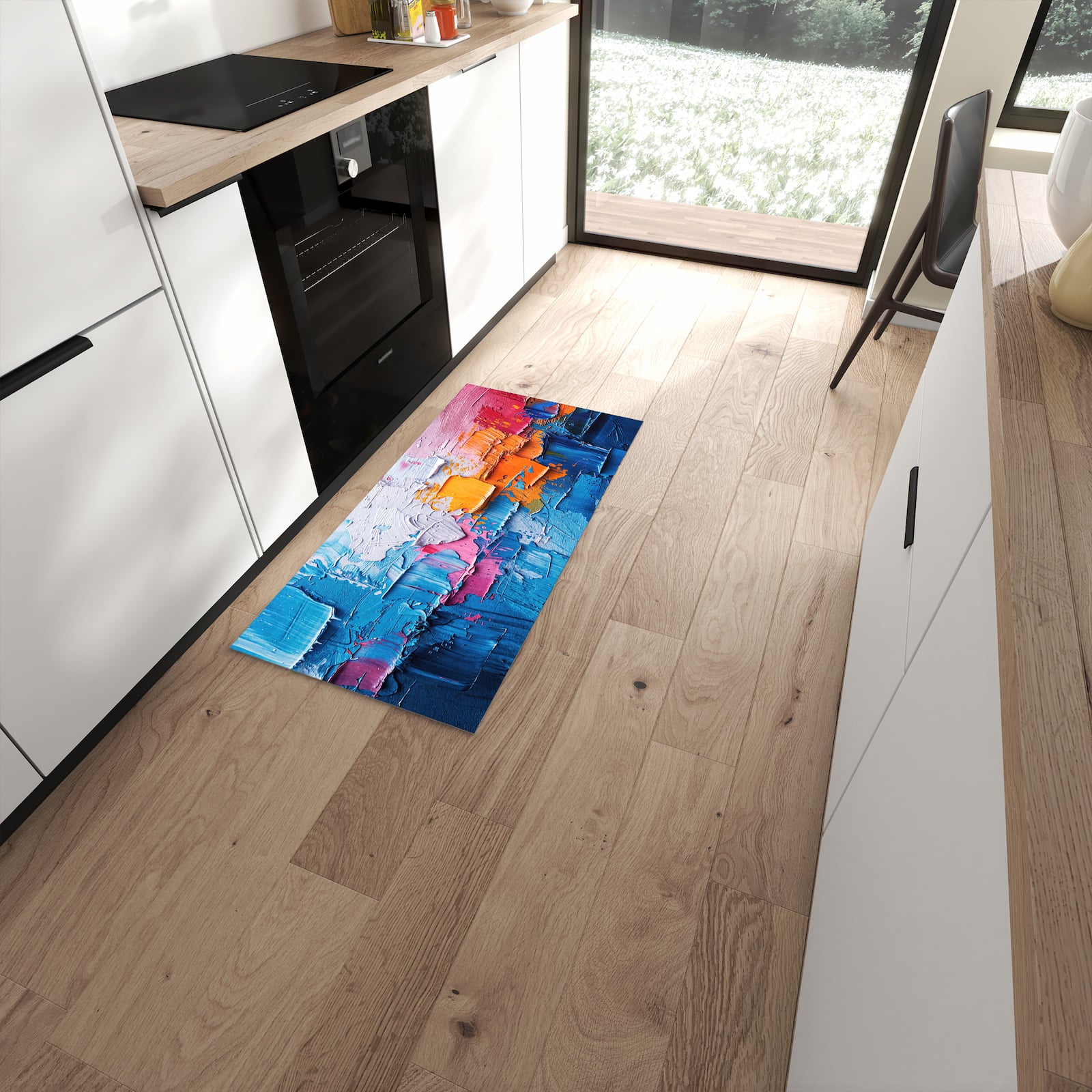 Wasserabweisender Bodenläufer mit Motiv Farbstruktur Artwork in moderner Küche #grösse_60 x 120 cm