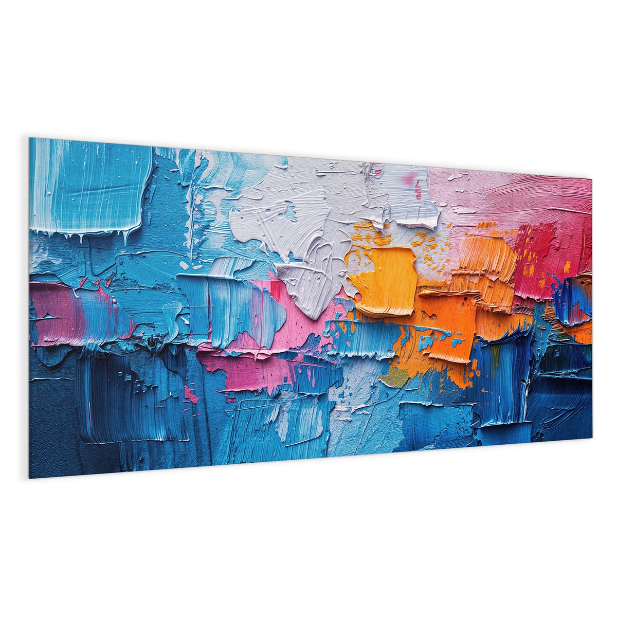 Dick mit dem Spachtel aufgetragene Farbe in Blau, Weiß, Orange und Pink.