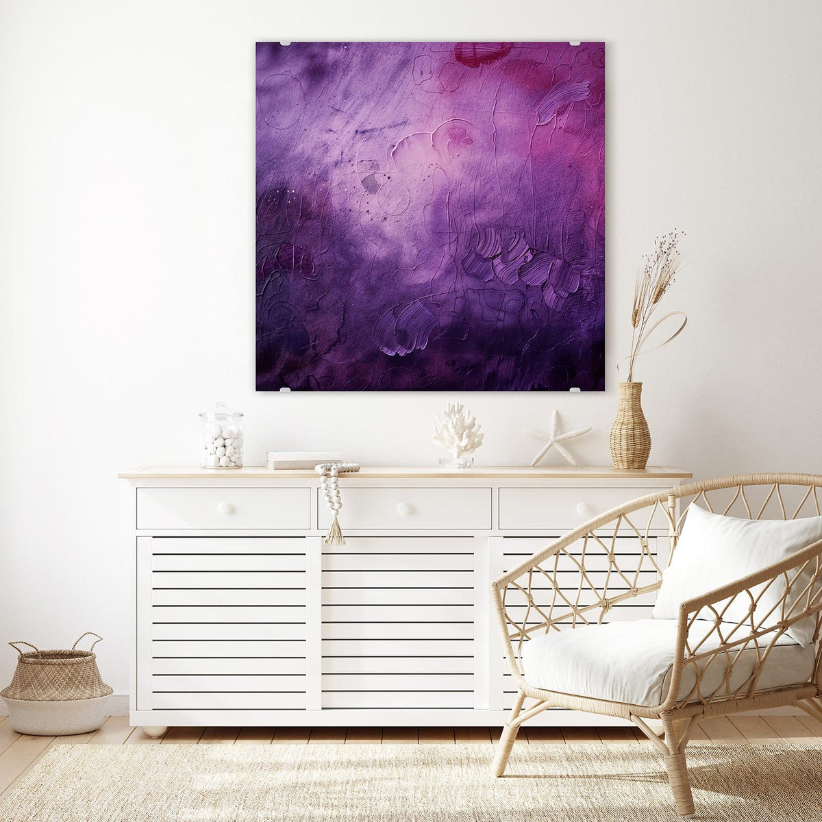 Echtglas, 4 mm – kein Acryl, keine Folie – Wandbild - Violetter Farbnebel - Quadratisch