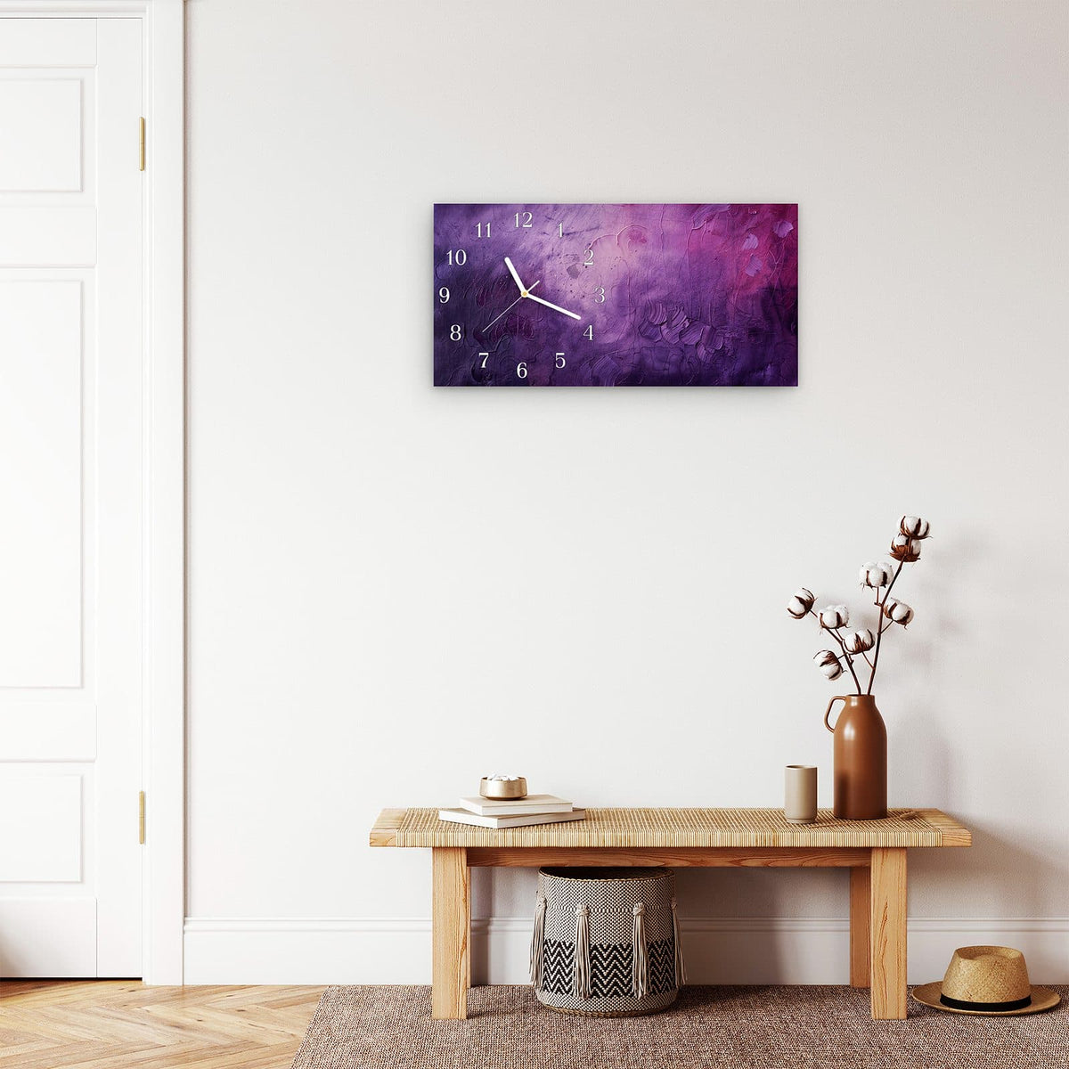 Moderne Wanduhr aus Glas mit Farbtiefe – Wanduhr Textur Mischung Lila aus Glas – Querformat 60 × 30 cm