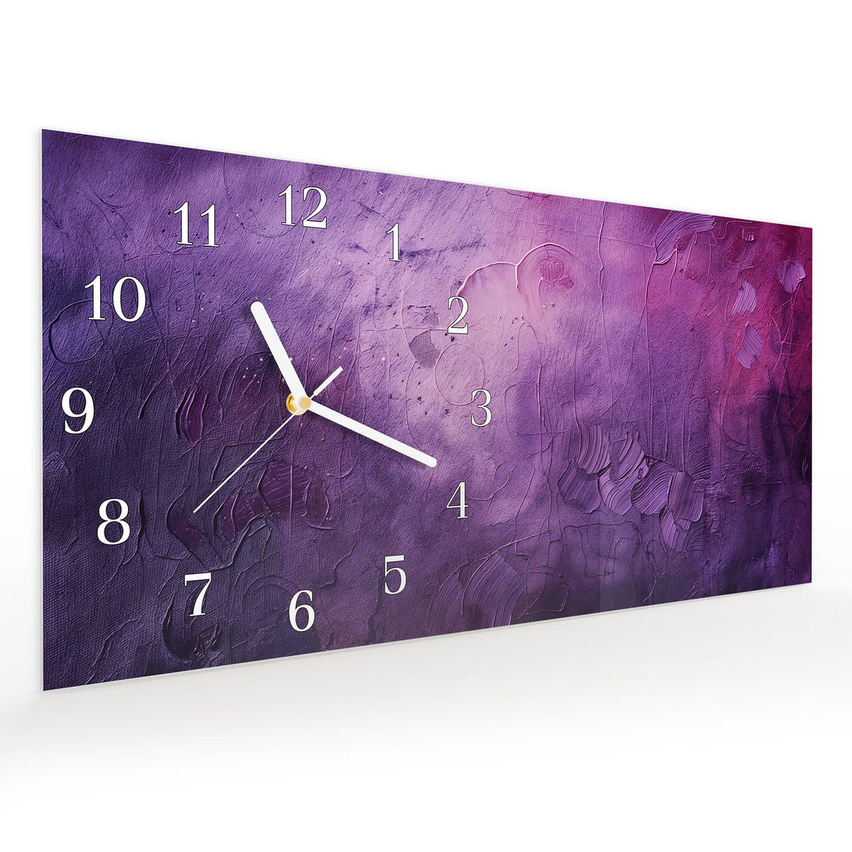 Vormontiert – mit Schwebeeffekt – Wanduhr Textur Mischung Lila aus Glas – Querformat 60 × 30 cm