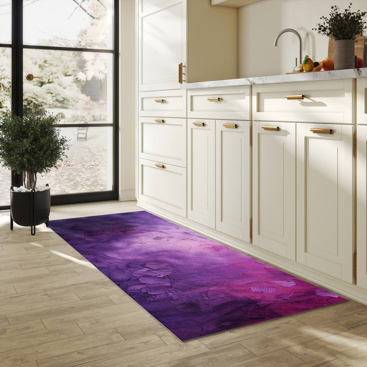 Bodenschonender waschbarer Küchenteppich mit Motiv Textur Mischung Lila in heller Küche