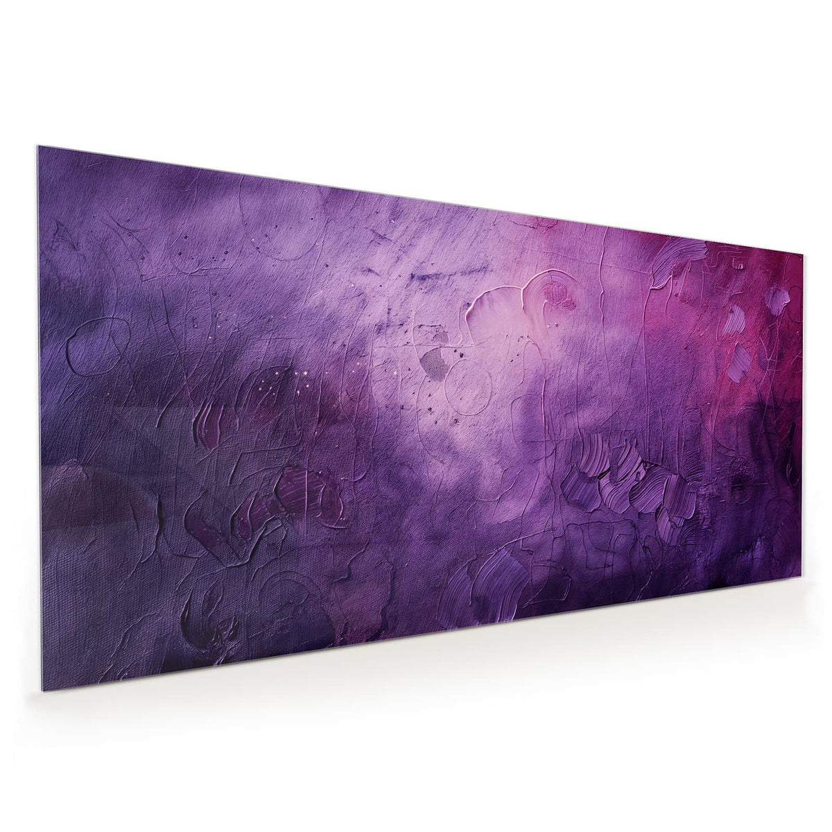 Küchenrückwand aus Glas im Hochformat mit Motiv Violetter Farbnebel: Verwaschene violette Farbfläche mit Magenta oben rechts und eingeritzten Spachtelspuren.
