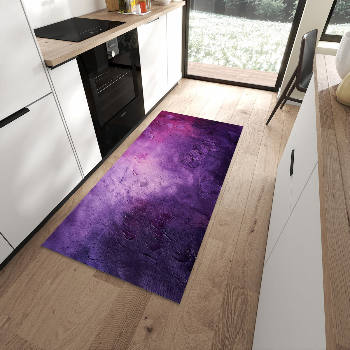 UV-beständiger waschbarer Teppich für Esstisch mit Motiv Textur Mischung Lila in moderner Küche