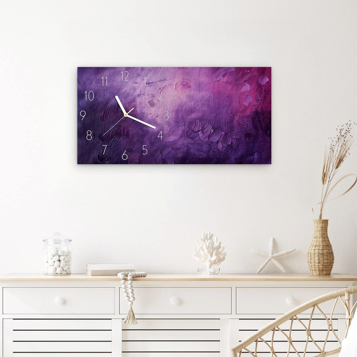 Wanduhr Textur Mischung Lila aus Glas – Querformat 60 × 30 cm – Violette Pinselstriche mit Blauakzenten