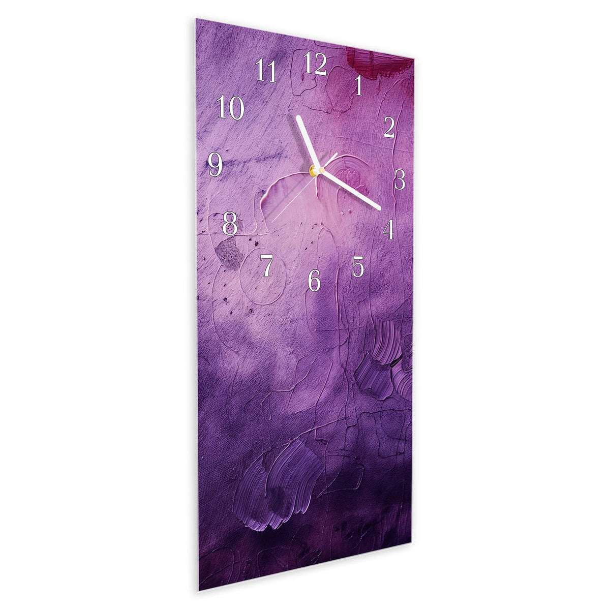 Vormontiert – mit Schwebeeffekt – Wanduhr Textur Mischung Lila aus Glas – Hochformat 30 × 60 cm