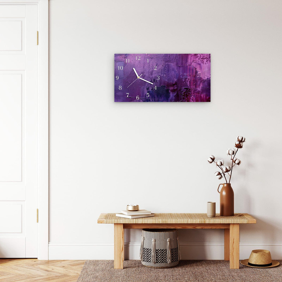 Moderne Wanduhr aus Glas mit Farbtiefe – Wanduhr Abstrakte Textur Kunst aus Glas – Querformat 60 × 30 cm