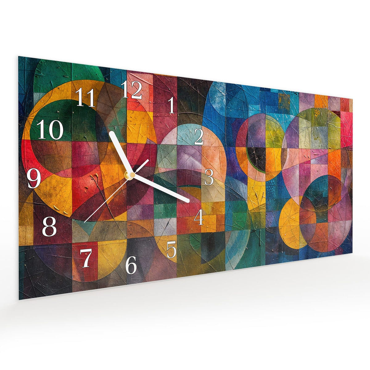 Vormontiert – mit Schwebeeffekt – Wanduhr Geometrische Farbexplosion aus Glas – Querformat 60 × 30 cm