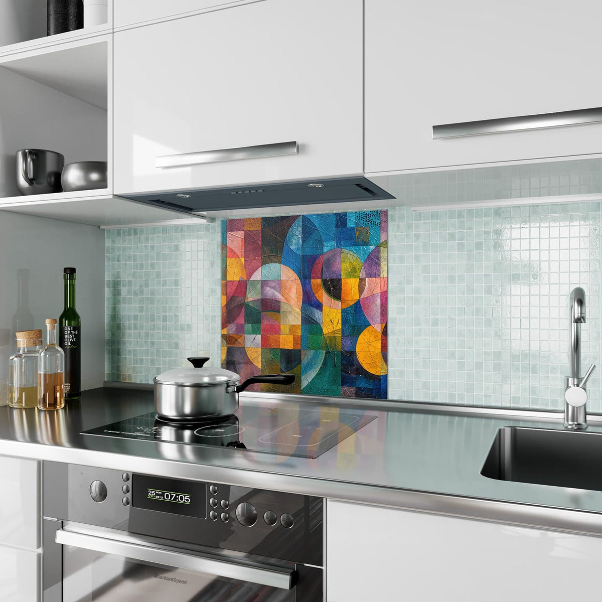 Küchenrückwand aus Glas Kreise und Quadrate im quadratischen Format als Spritzschutz hinter dem Kochfeld, über dem Fliesenspiegel montiert