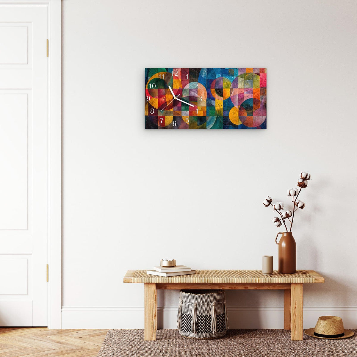 Moderne Wanduhr aus Glas mit Farbtiefe – Wanduhr Geometrische Farbexplosion aus Glas – Querformat 60 × 30 cm