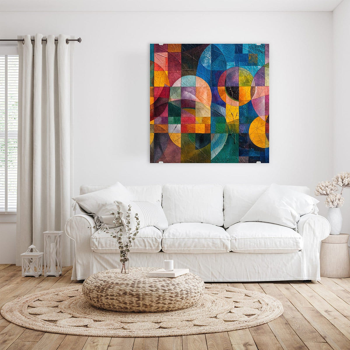 Glasbild Kreise und Quadrate an der Wand – Raster aus farbigen Quadraten mit großen überlagerten Kreisen und Bögen, pastos gemalt