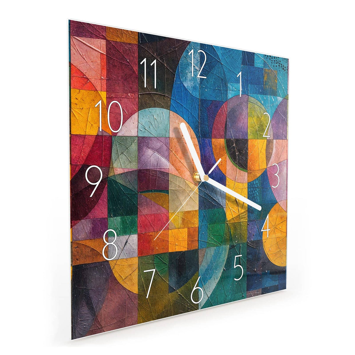 Quadratische Wanduhr aus Glas Kreise und Quadrate schräg von der Seite, 4 mm starkes Glas