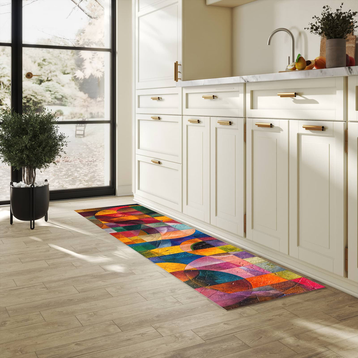 Abriebfester waschbarer Teppich Küche mit Motiv Farben von Abstrakte in heller Küche