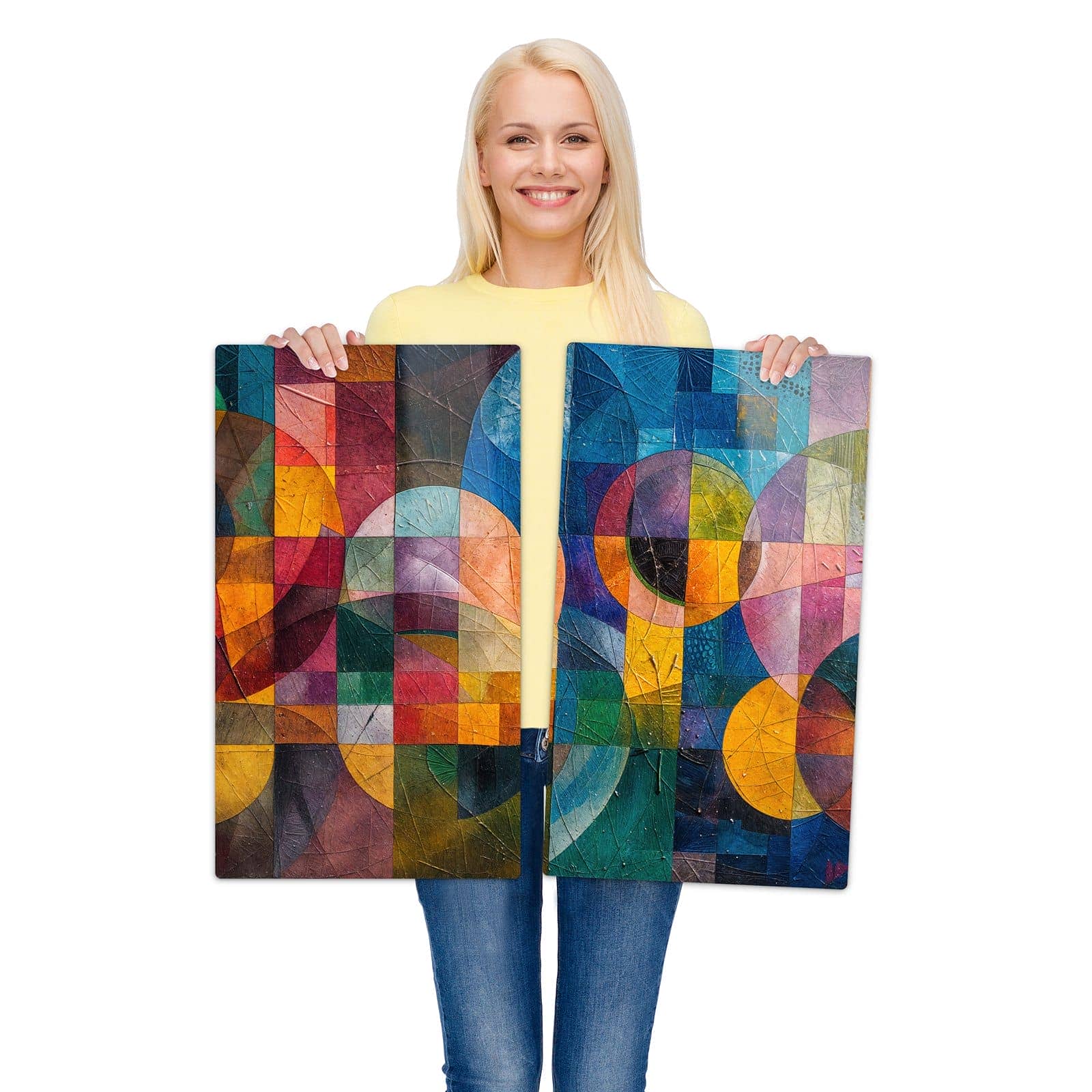 2-teilige Herdabdeckung aus Holz mit Geometrische Farbexplosion-Motiv wird zur Größendarstellung gehalten