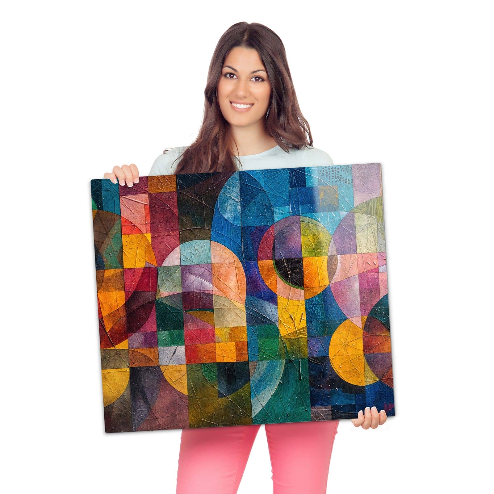 Ceranfeldabdeckung mit Geometrische Farbexplosion-Motiv wird zur Größendarstellung gehalten