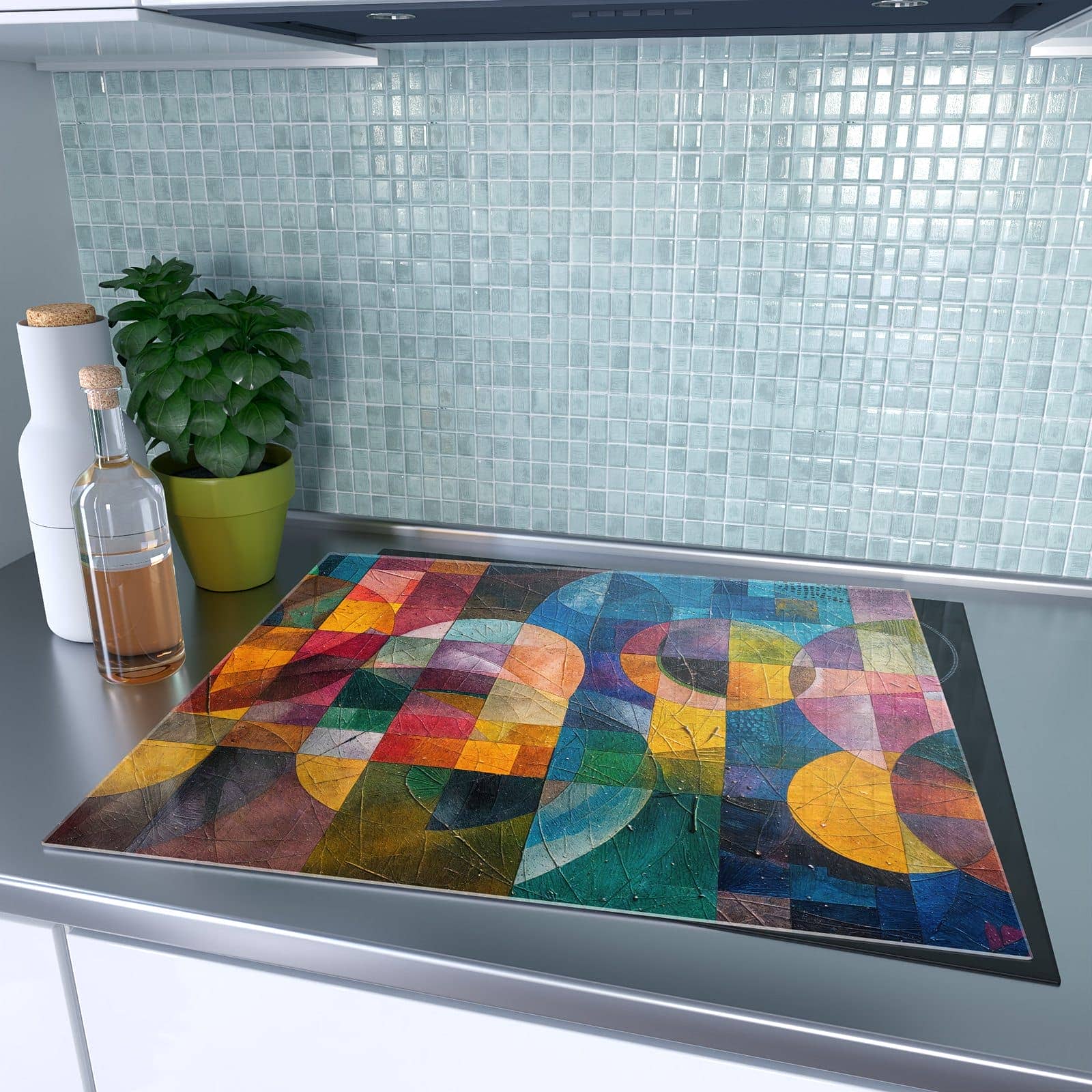1-teilige Herdabdeckplatte aus Glas mit Geometrische Farbexplosion-Motiv auf dem Ceranfeld