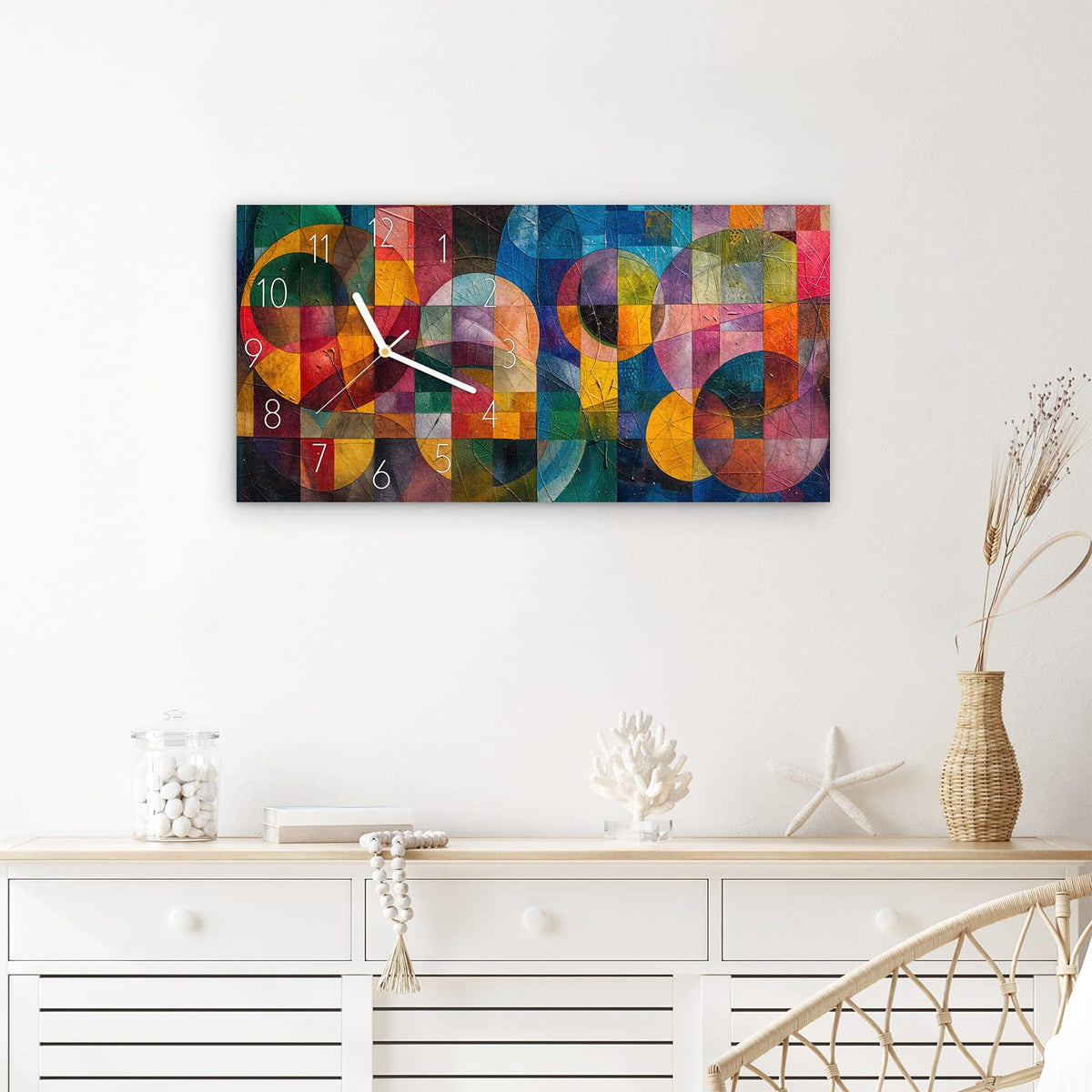 Wanduhr Geometrische Farbexplosion aus Glas – Querformat 60 × 30 cm – Überlappende Kreise und Quadrate