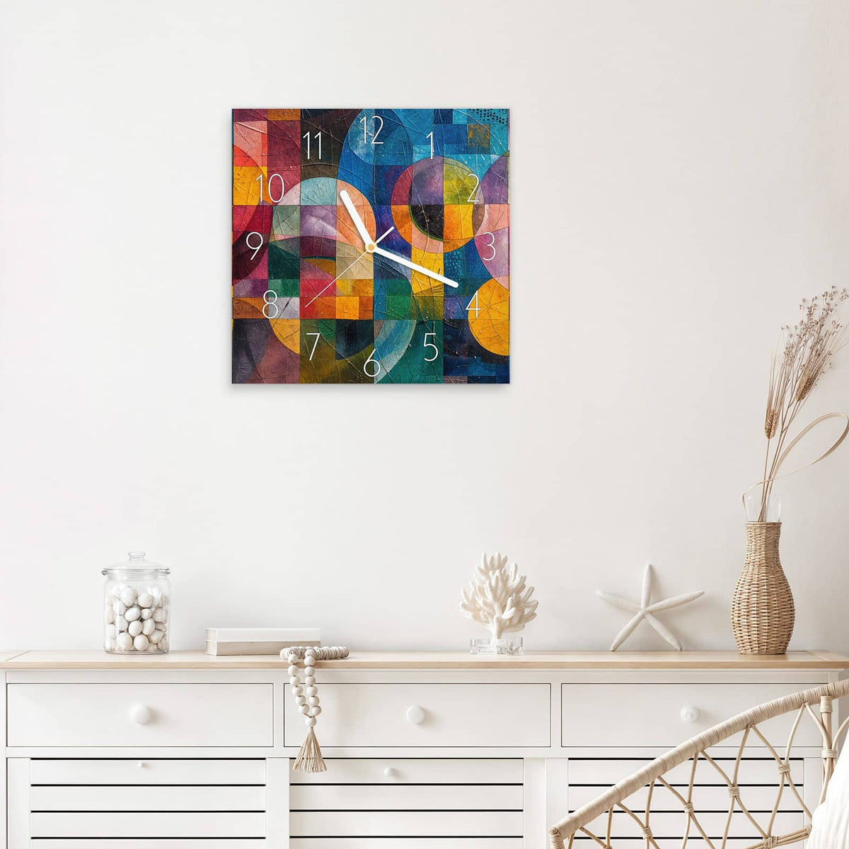 Wanduhr Kreise und Quadrate aus Glas – Quadratisch 30 × 30 cm – Überlappende Kreise und Quadrate
