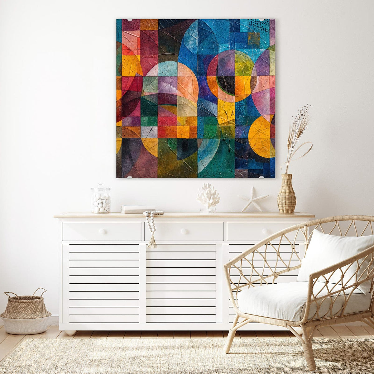 Glasbild Kreise und Quadrate an der Wand – Raster aus farbigen Quadraten mit großen überlagerten Kreisen und Bögen, pastos gemalt