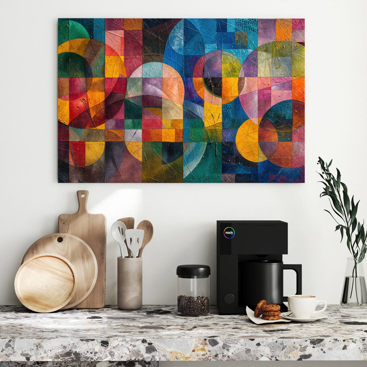 Raster aus farbigen Quadraten mit großen überlagerten Kreisen und Bögen, pastos gemalt