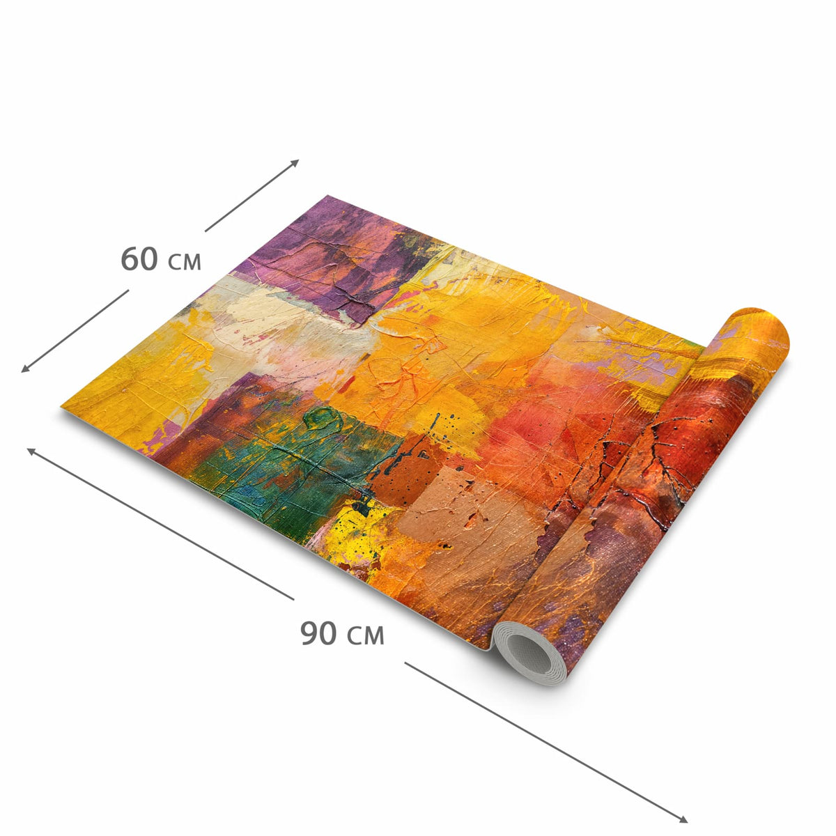 Küchenläufer Farbflächen in Gelb halb aufgerollt mit Maßangaben: Gesamtgröße 60 × 90 cm