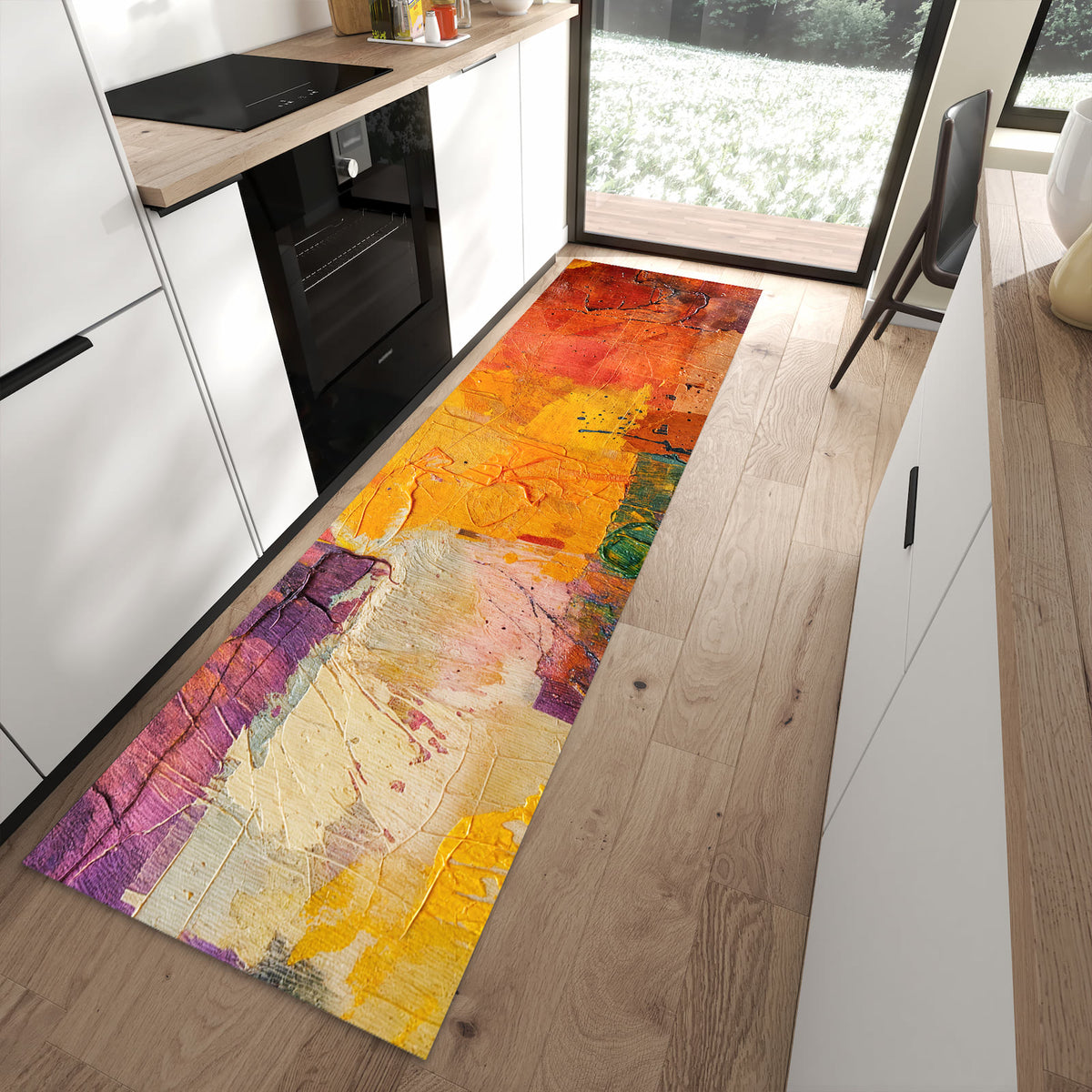 Küchenteppich Farbflächen in Gelb 80 × 280 cm vor der Küchenzeile auf hellem Holzboden