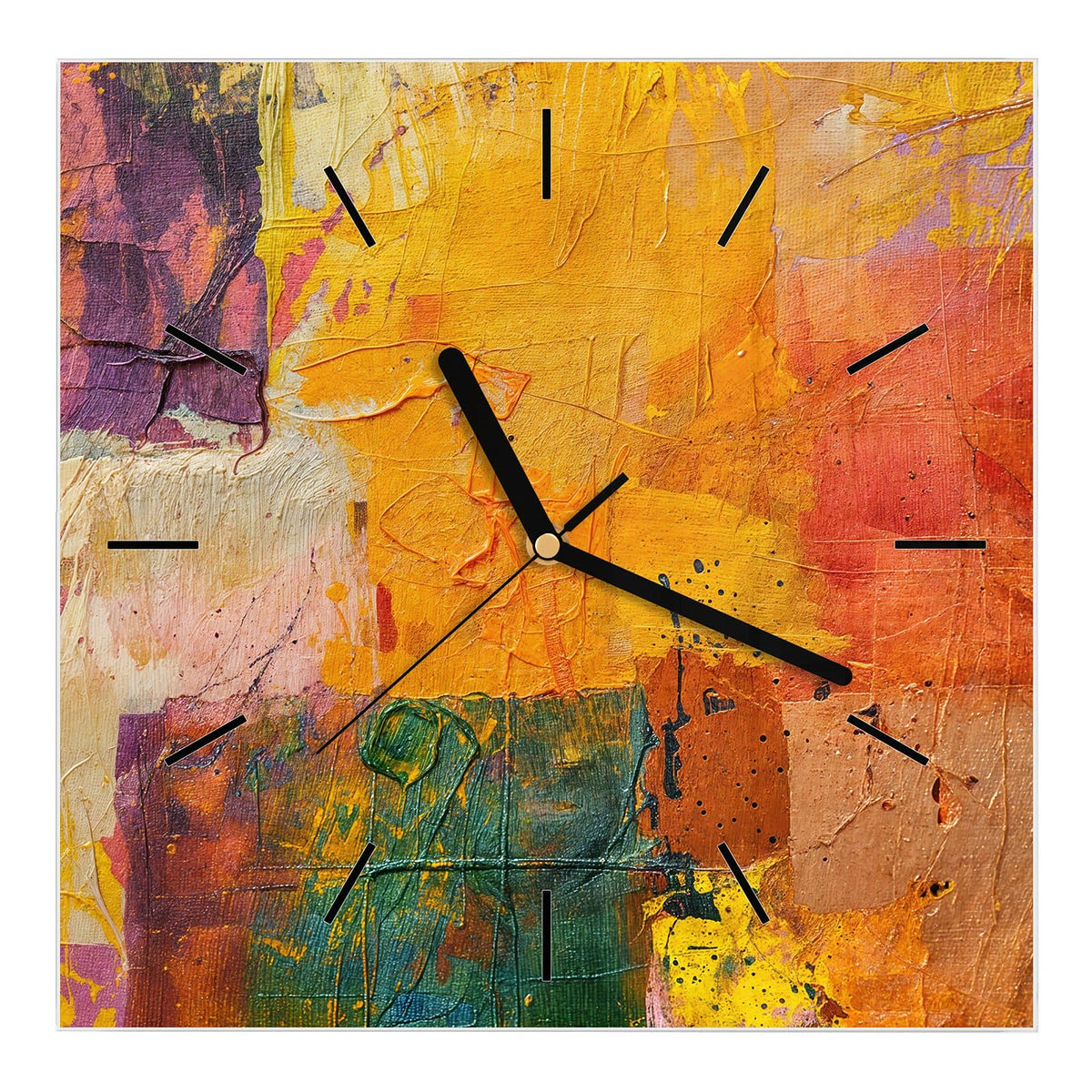 Wanduhr aus Glas, Ziffernblatt Linie: Gespachtelte Farbfelder in Gelb, Orange, Lila und Petrol mit sichtbarer Leinwandstruktur