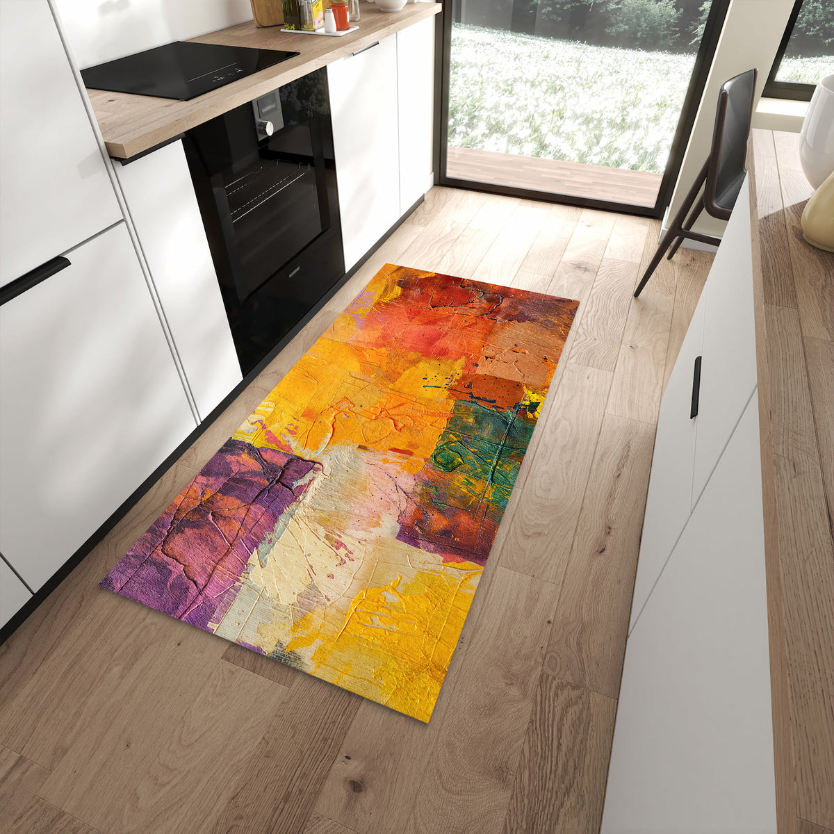 Küchenteppich Farbflächen in Gelb 90 × 180 cm vor der Küchenzeile auf hellem Holzboden