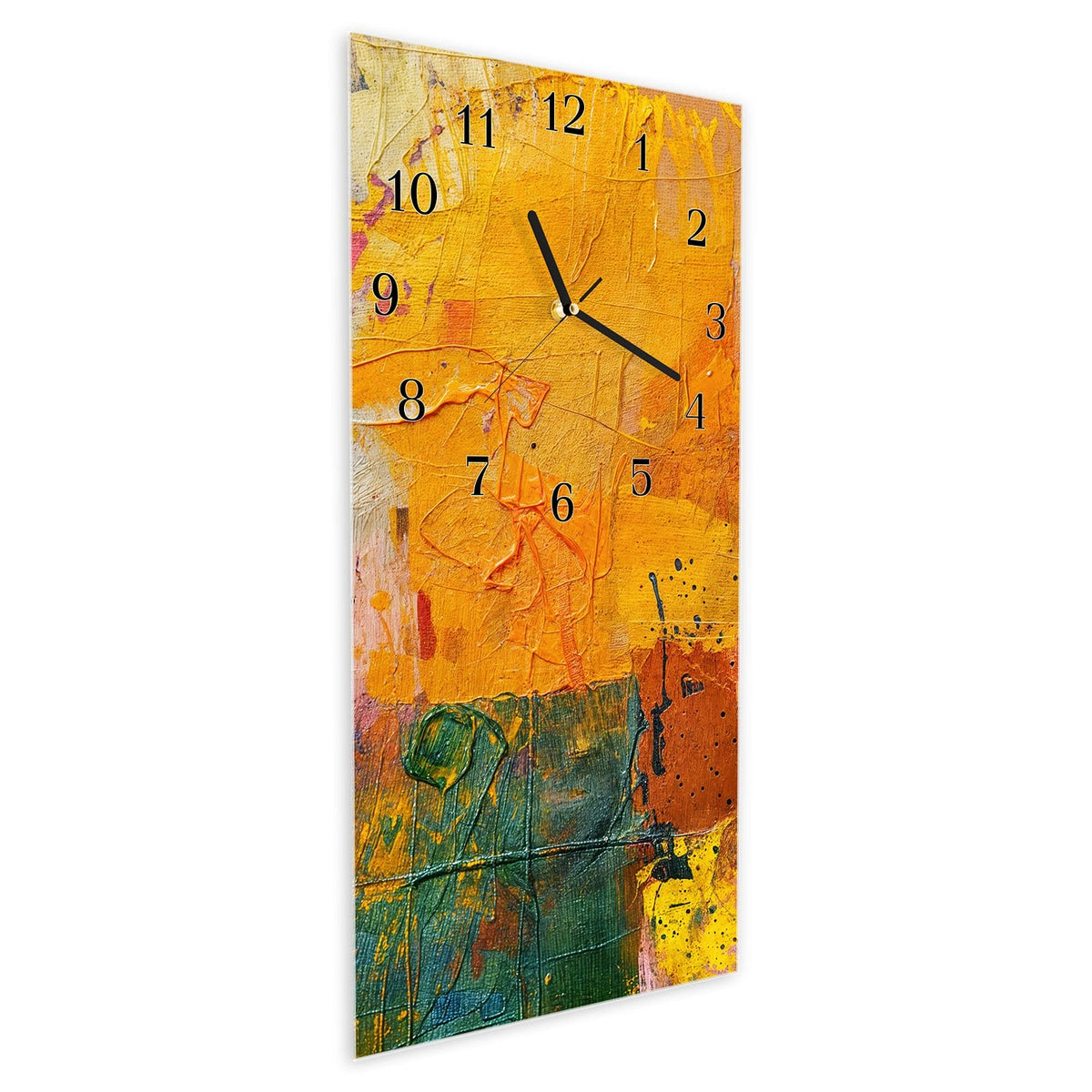 Vormontiert – mit Schwebeeffekt – Wanduhr Farbenfrohe Leinwand aus Glas – Hochformat 30 × 60 cm