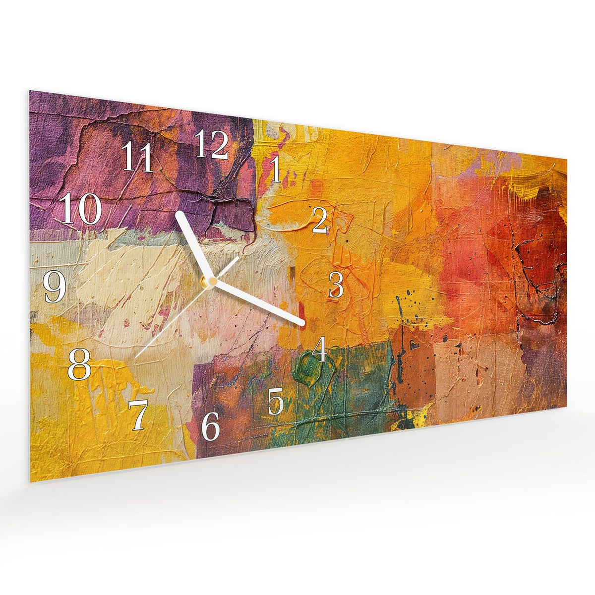 Vormontiert – mit Schwebeeffekt – Wanduhr Farbenfrohe Leinwand aus Glas – Querformat 60 × 30 cm