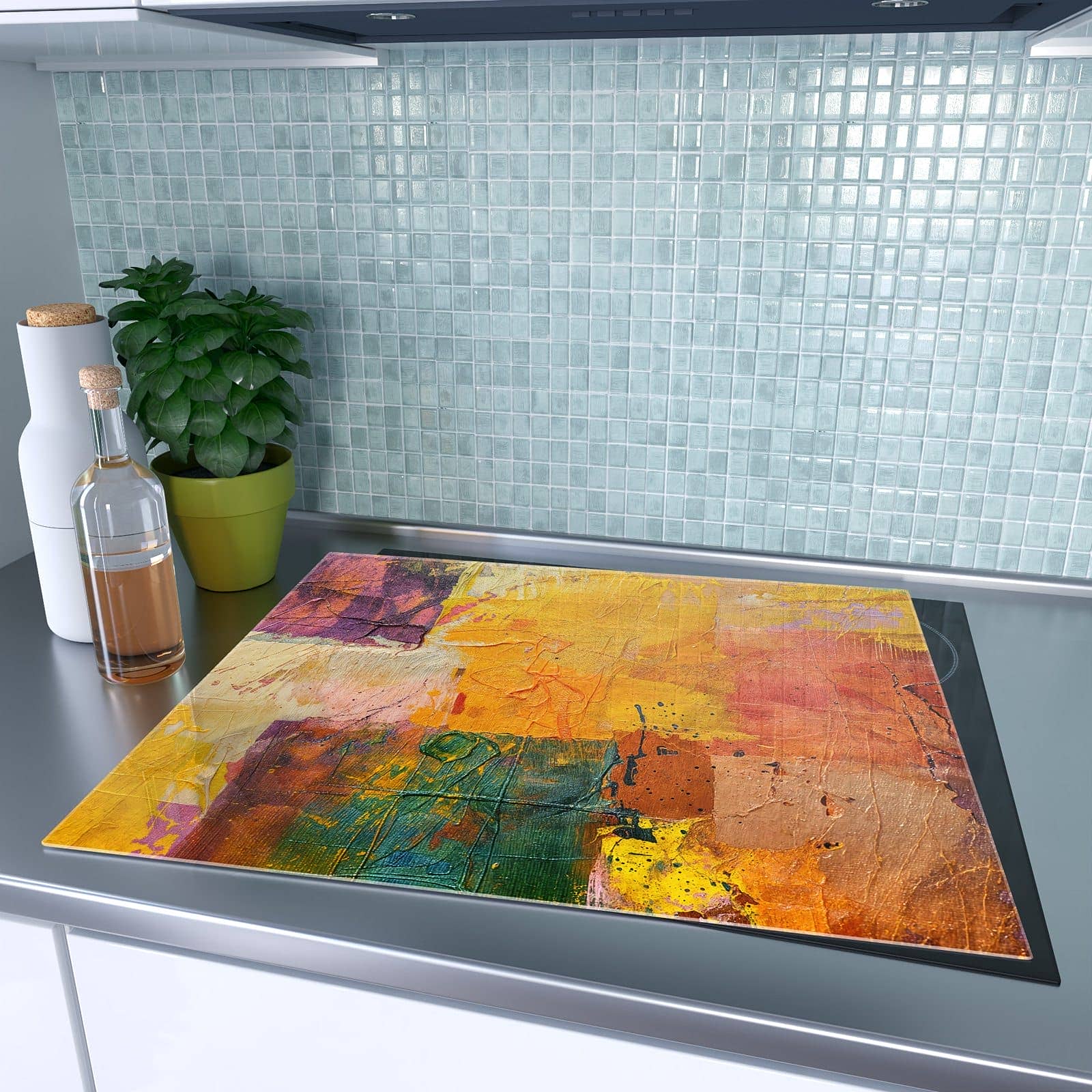 1-teilige Deckplatte aus Glas mit Farbenfrohe Leinwand-Motiv auf dem Ceranfeld