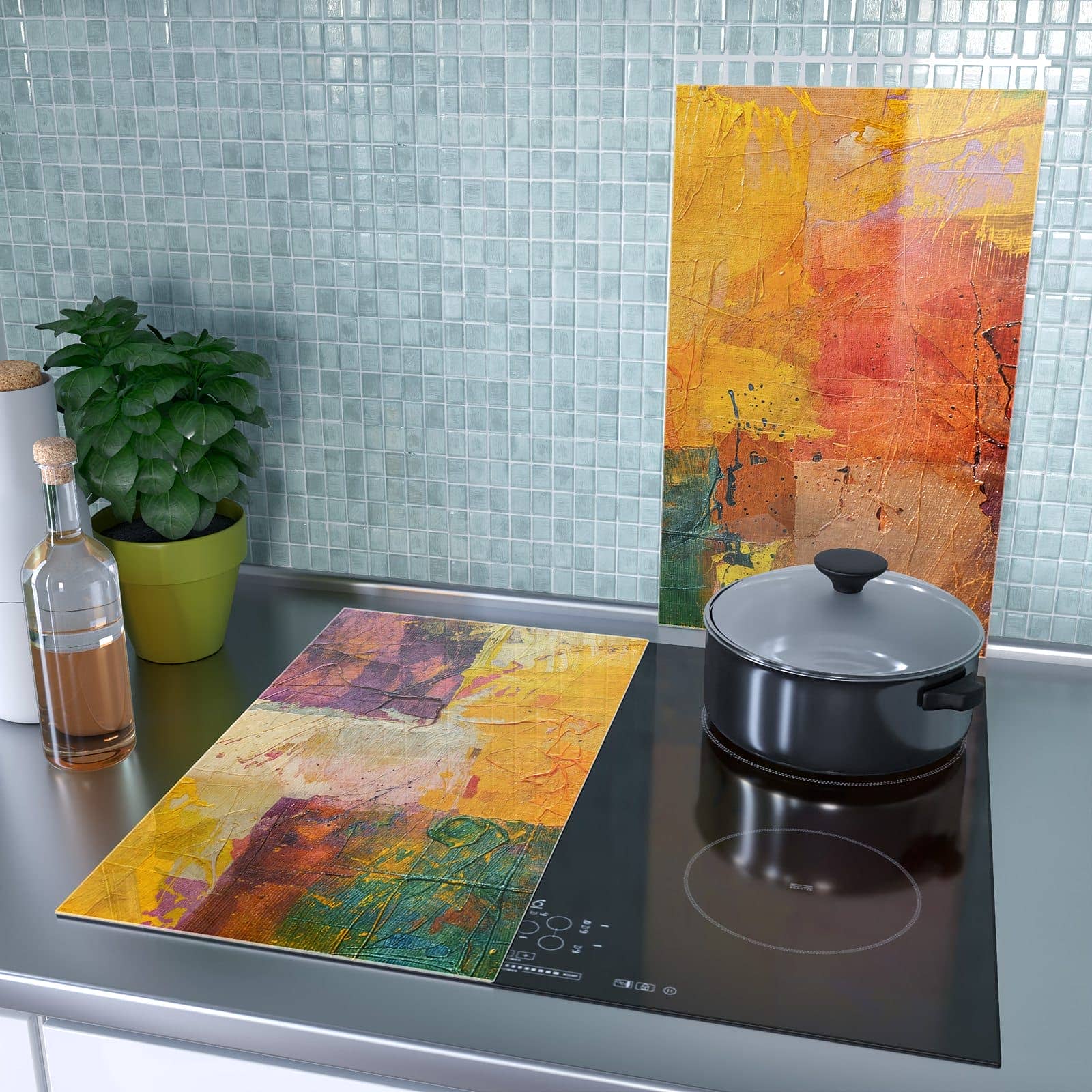 2-teilige Kochfeldabdeckung mit Farbenfrohe Leinwand-Motiv als Spritzschutz hinter dem Kochfeld