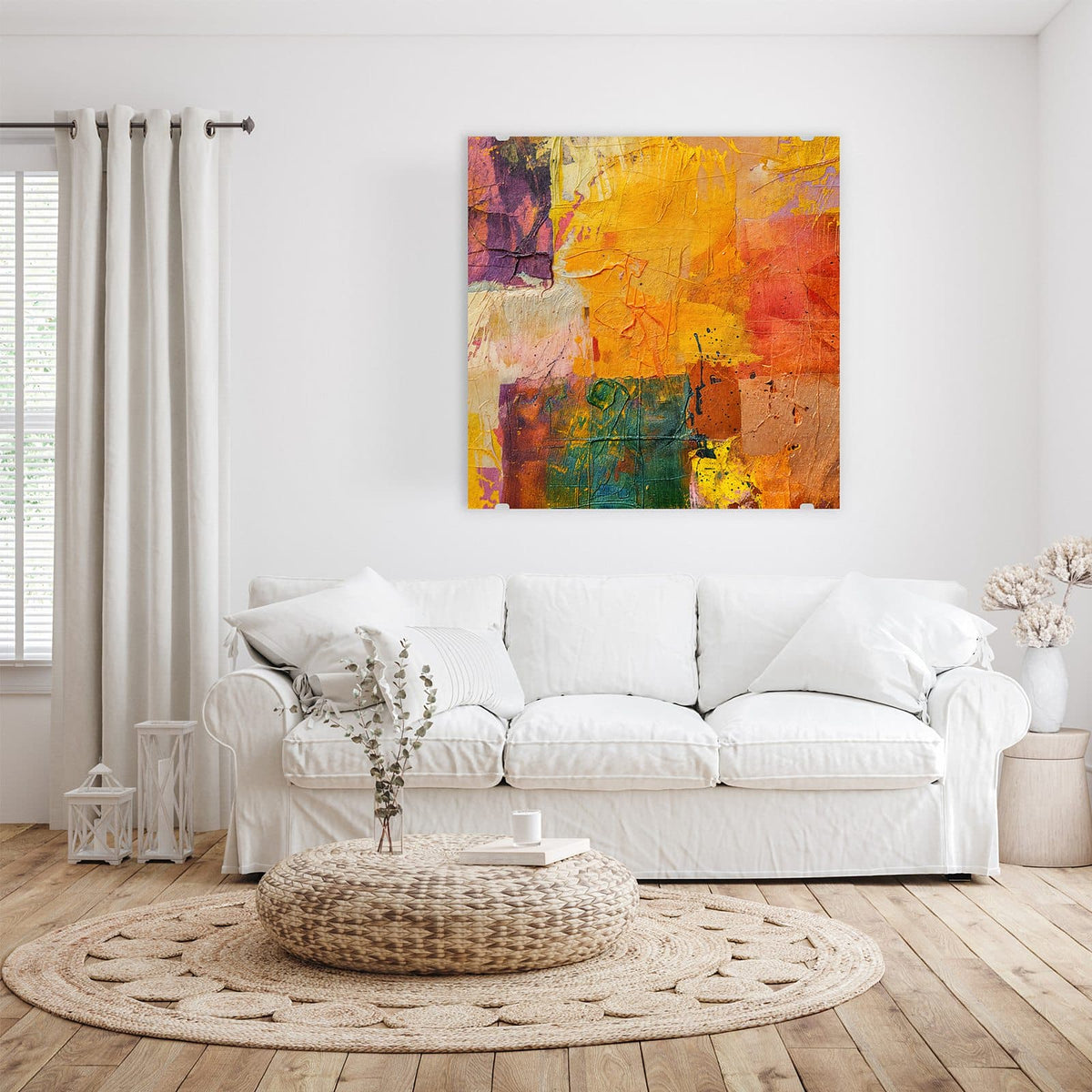 Glasbild Farbflächen in Gelb an der Wand – Gespachtelte Farbfelder in Gelb, Orange, Lila und Petrol mit sichtbarer Leinwandstruktur
