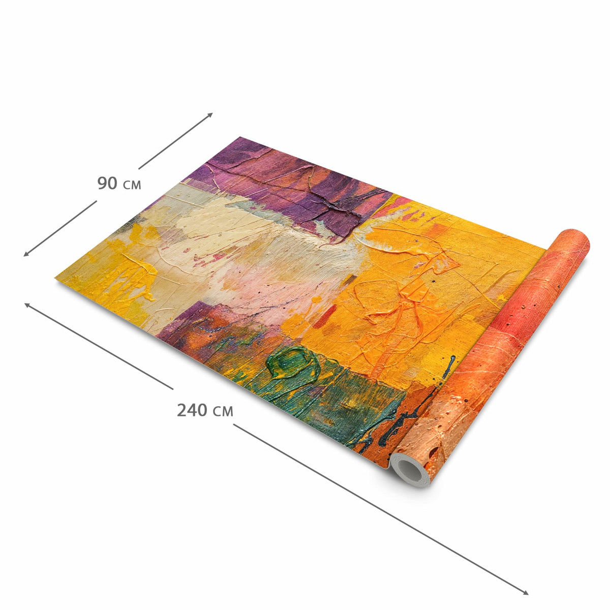 Küchenläufer Farbflächen in Gelb halb aufgerollt mit Maßangaben: Gesamtgröße 90 × 240 cm