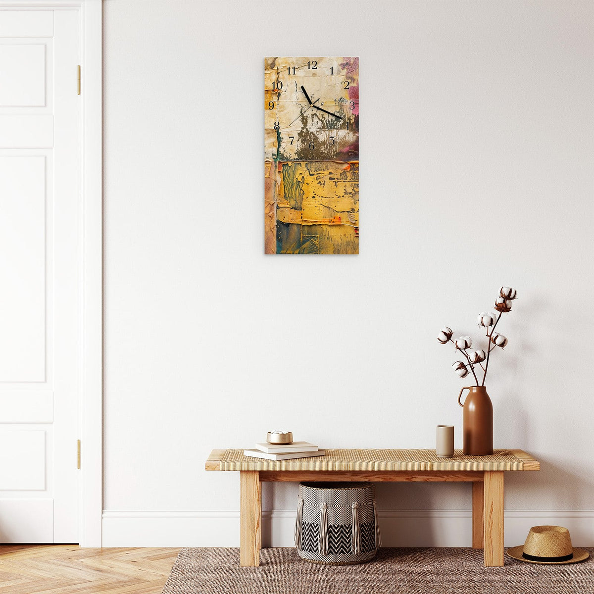 Moderne Wanduhr aus Glas mit Farbtiefe – Wanduhr Kunst Collage Textur aus Glas – Hochformat 30 × 60 cm