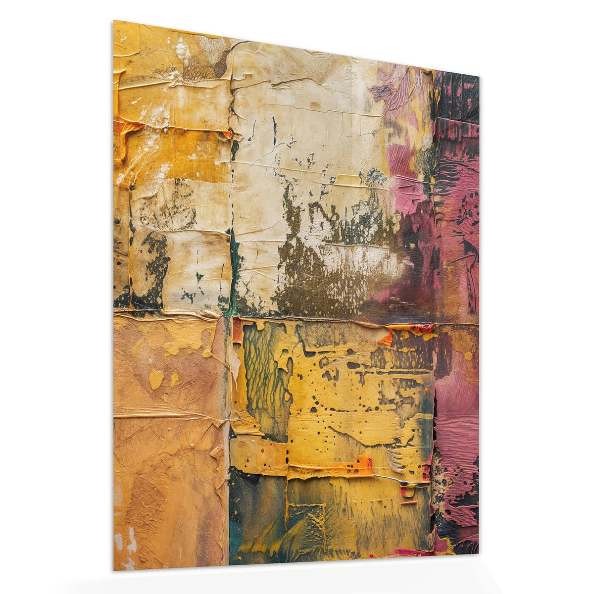 Echtglas, 4 mm – kein Acryl, keine Folie – Wandbild - Papiercollage in Ocker - Hochformat
