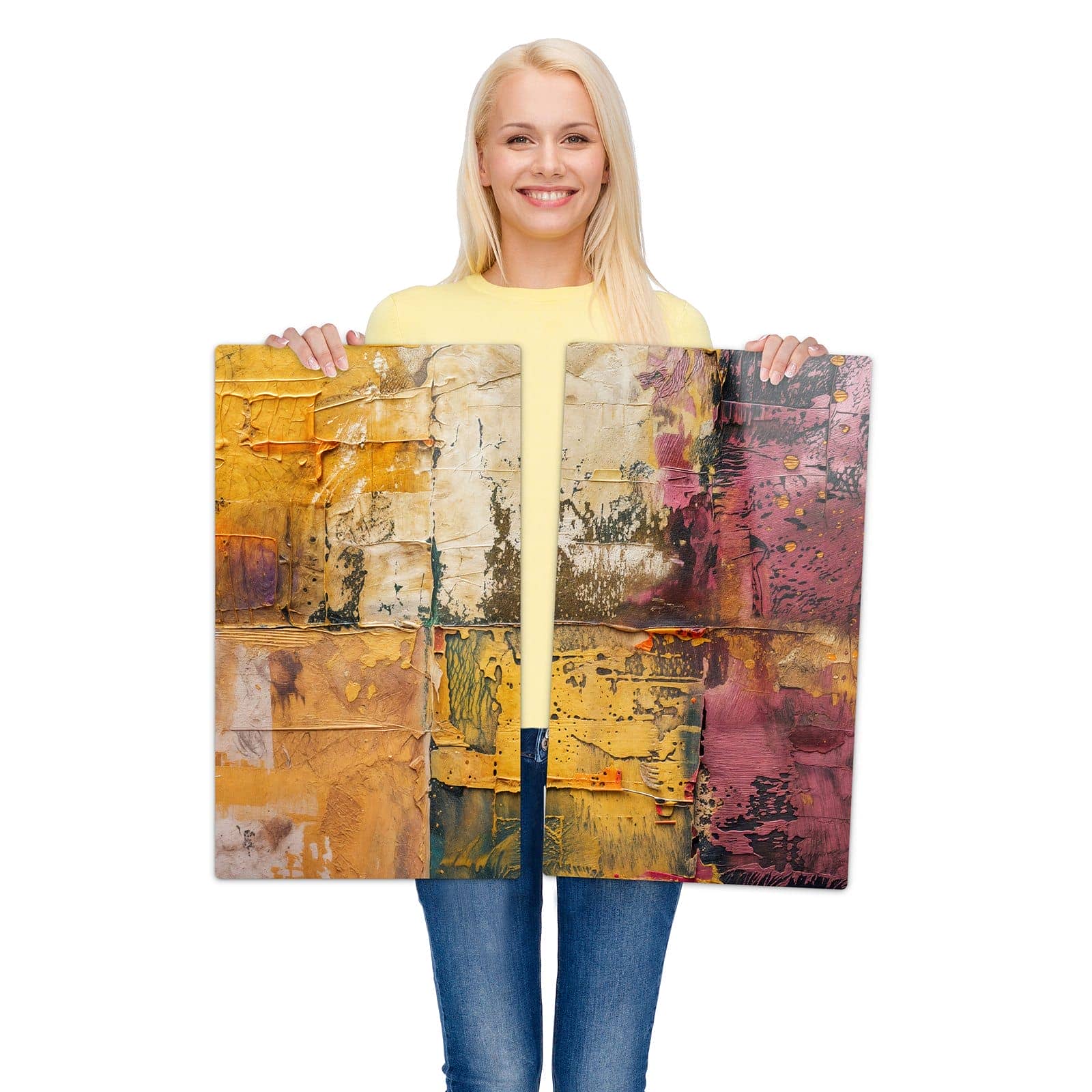2-teilige Herdabdeckplatten für Ceranfeld mit Kunst Collage Textur-Motiv zur Größendarstellung gehalten