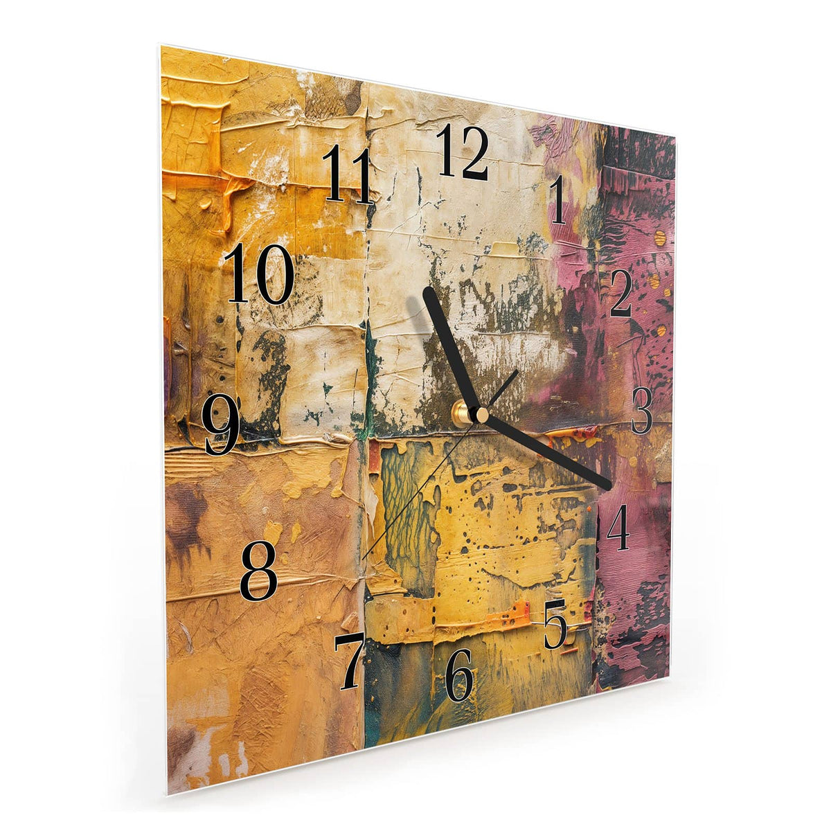 Quadratische Wanduhr aus Glas Papiercollage in Ocker schräg von der Seite, 4 mm starkes Glas