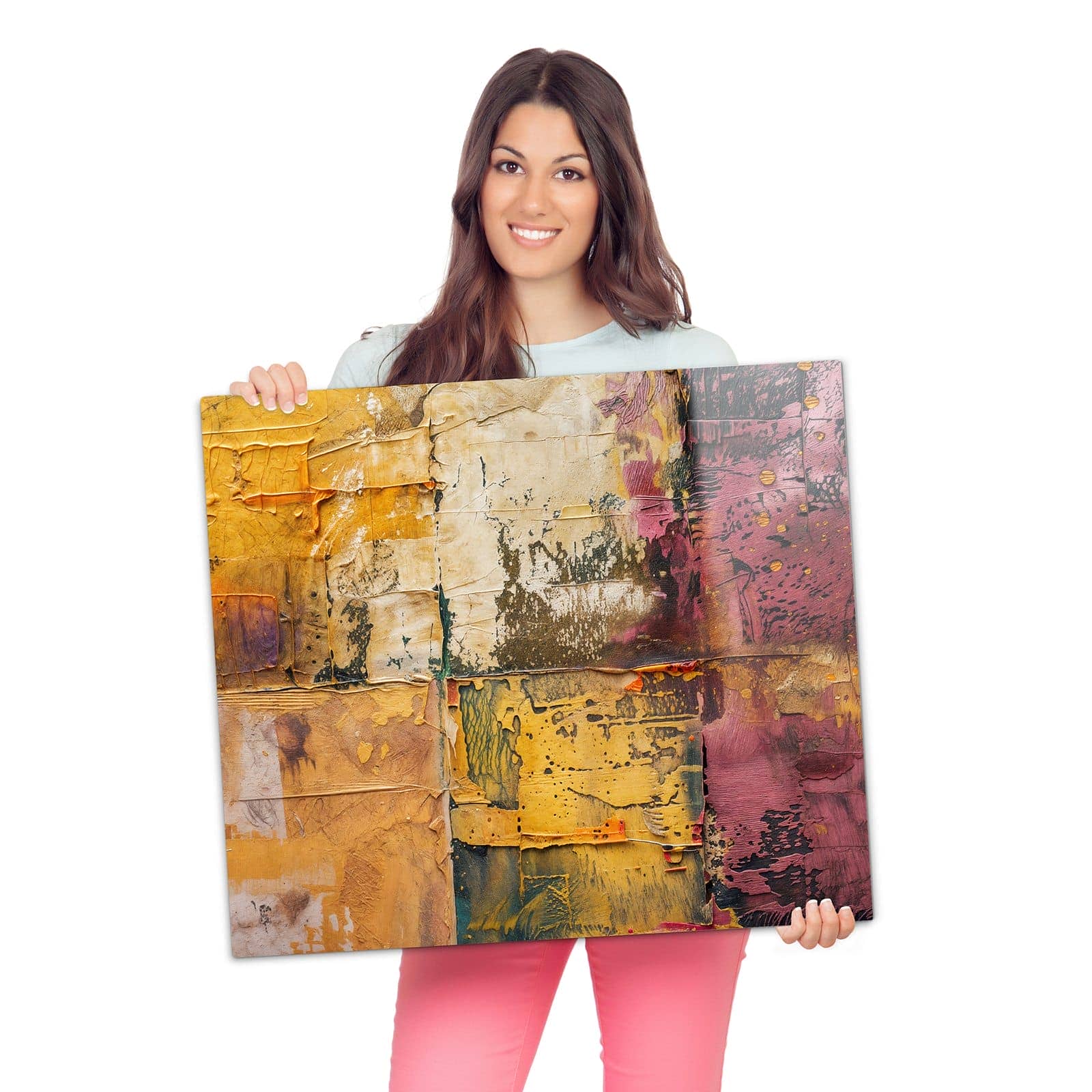 Abdeckplatte für Ceranfeld mit Kunst Collage Textur-Motiv wird zur Größendarstellung gehalten
