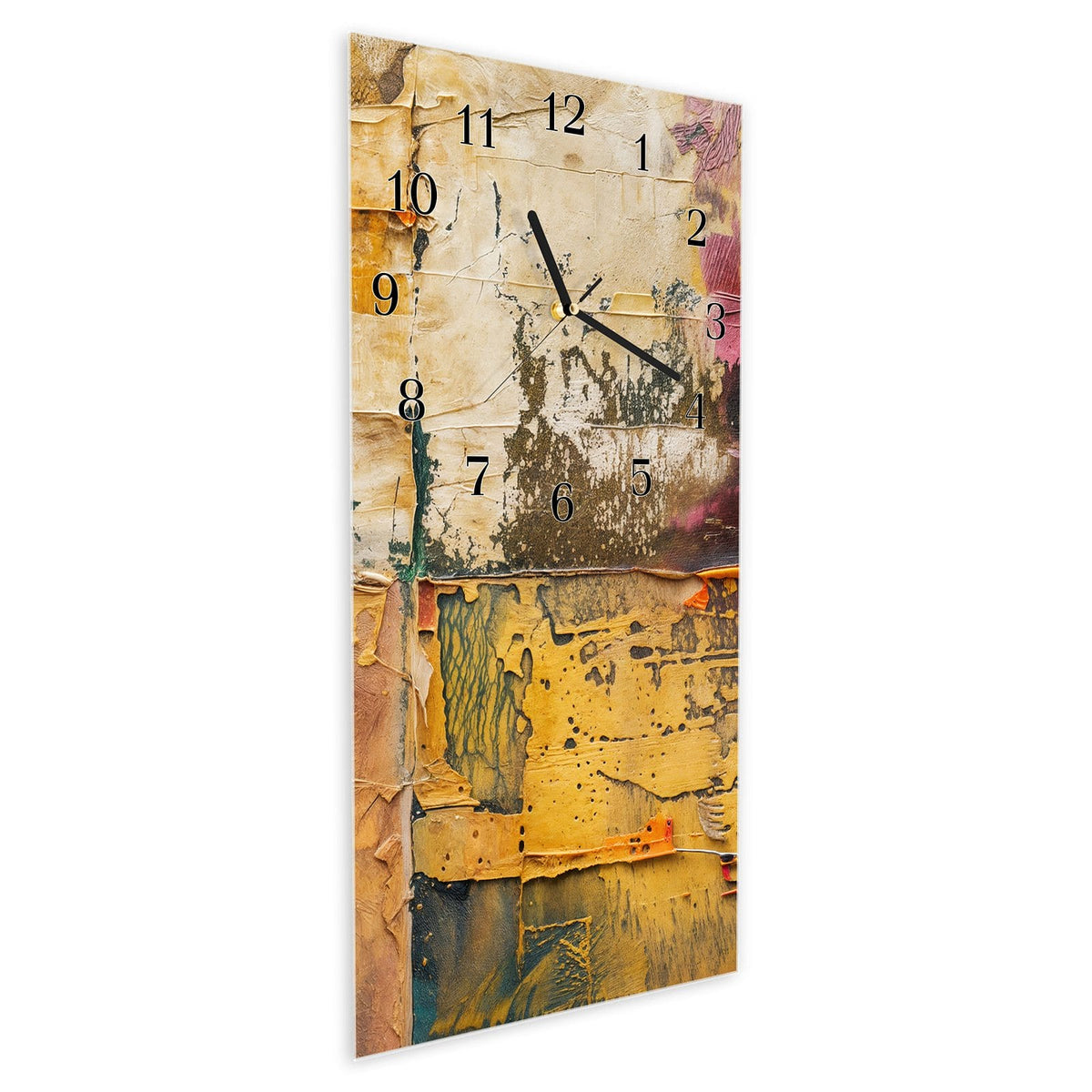 Vormontiert – mit Schwebeeffekt – Wanduhr Kunst Collage Textur aus Glas – Hochformat 30 × 60 cm
