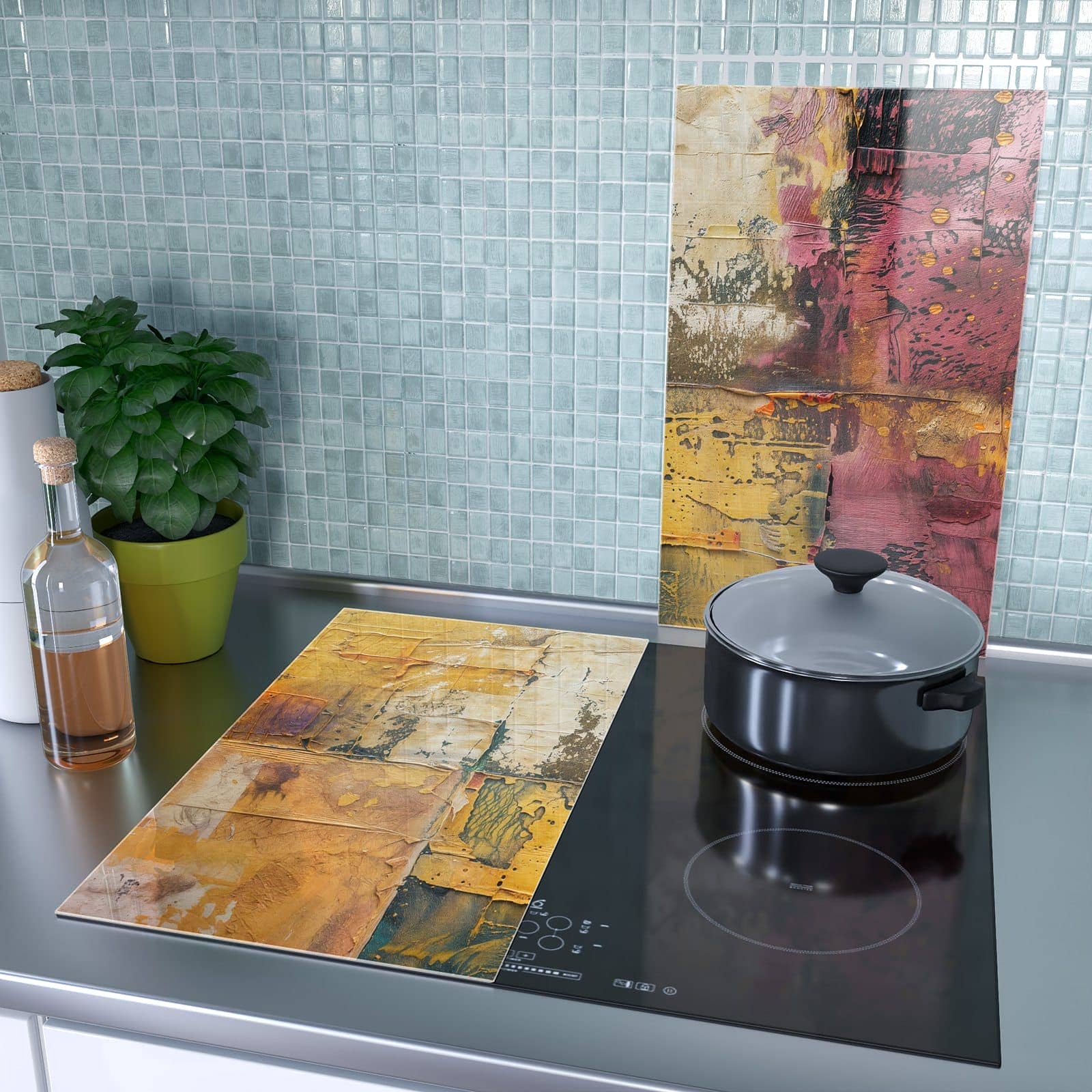 2-teilige Herdabdeckplatte mit Kunst Collage Textur-Motiv als Spritzschutz hinter dem Kochfeld