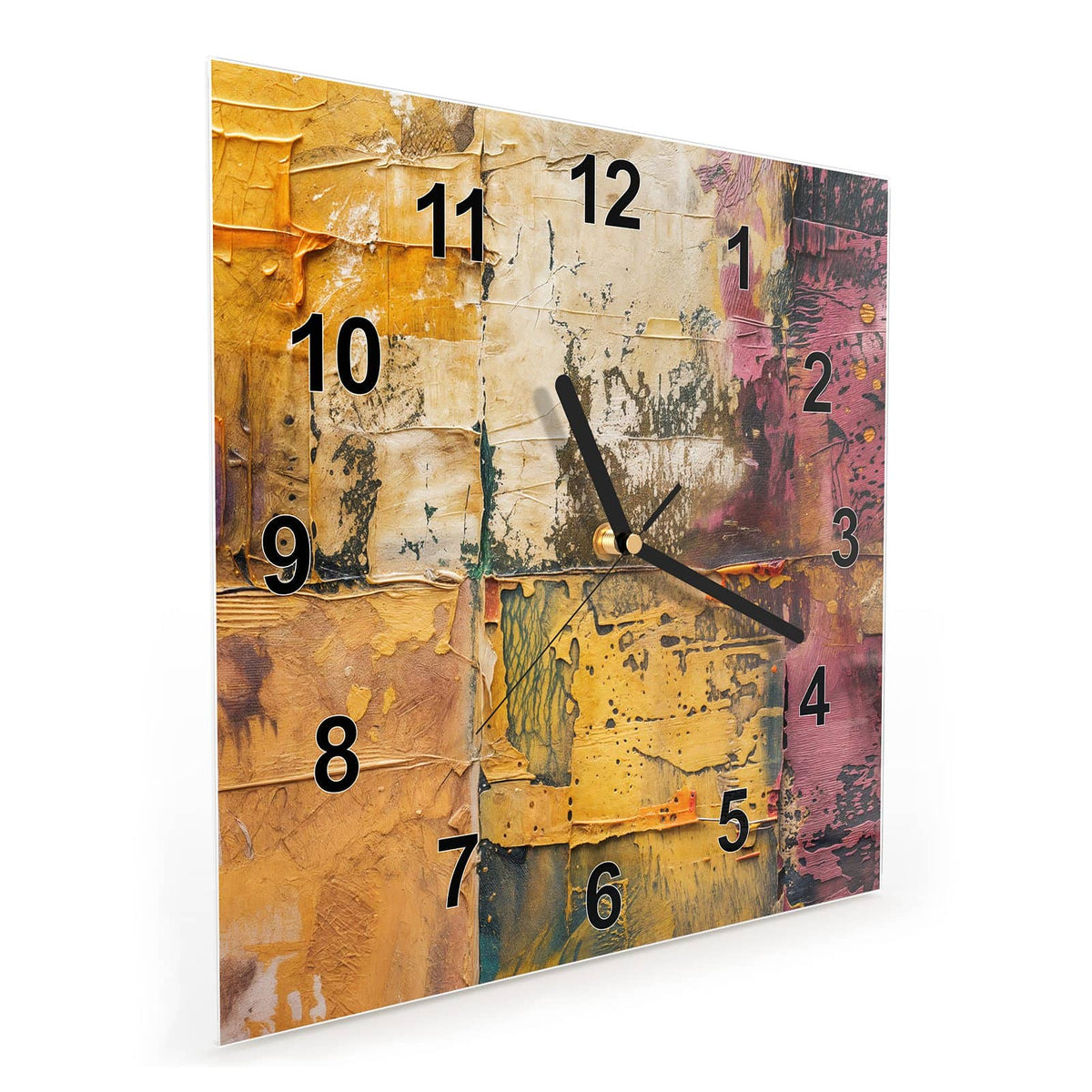 Quadratische Wanduhr aus Glas Papiercollage in Ocker schräg von der Seite, 4 mm starkes Glas